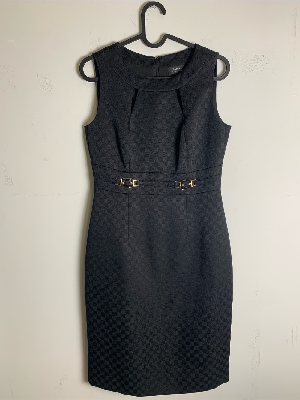 Tahari Black Sleeveless Midi Sheath Dress with Gold Hardware